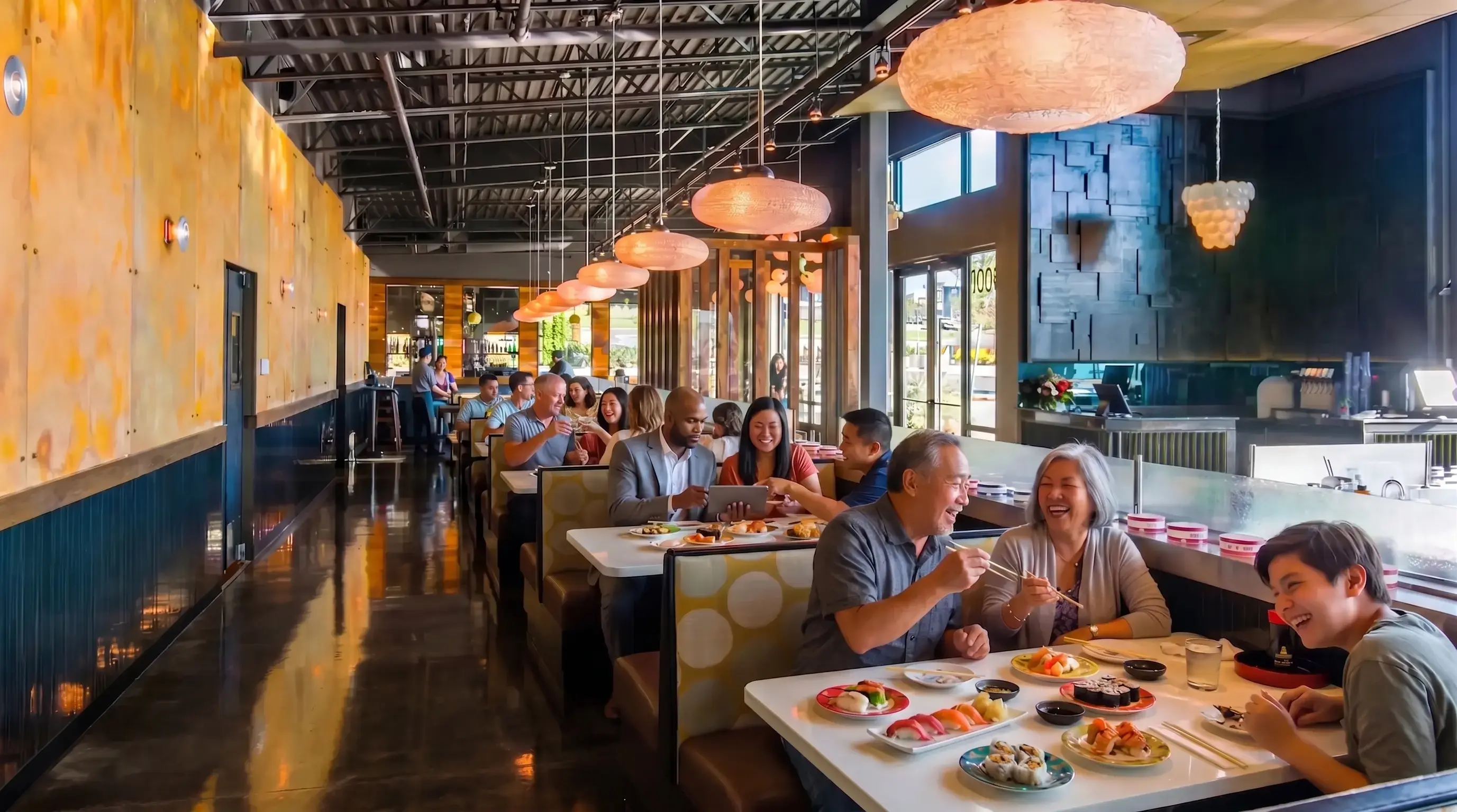 Families dining along the conveyor belt at Zen Sushi & Bar in Bellingham, WA